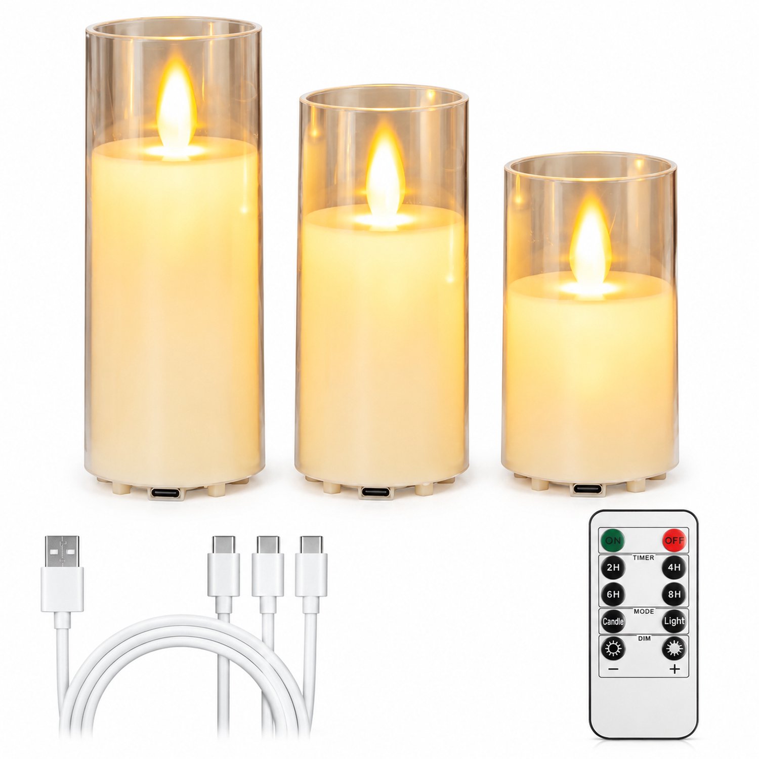 SWGOTA Elektrische kaarsen, set van 3, oplaadbaar met bewegend vlamelement en afstandsbediening, hoogtes 10/12,5/15 cm, transparante kappen en USB-laadkabel Crème
