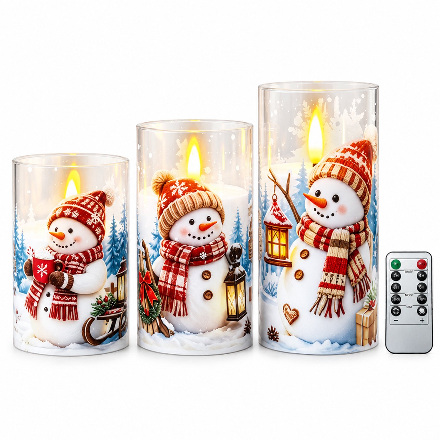 SWGOTA led kaarsen, set van 3 witte kerstkaarsen met sneeuwpopmotieven, cilindervormig, met afstandsbediening, op batterijen, zonder batterijen geleverd