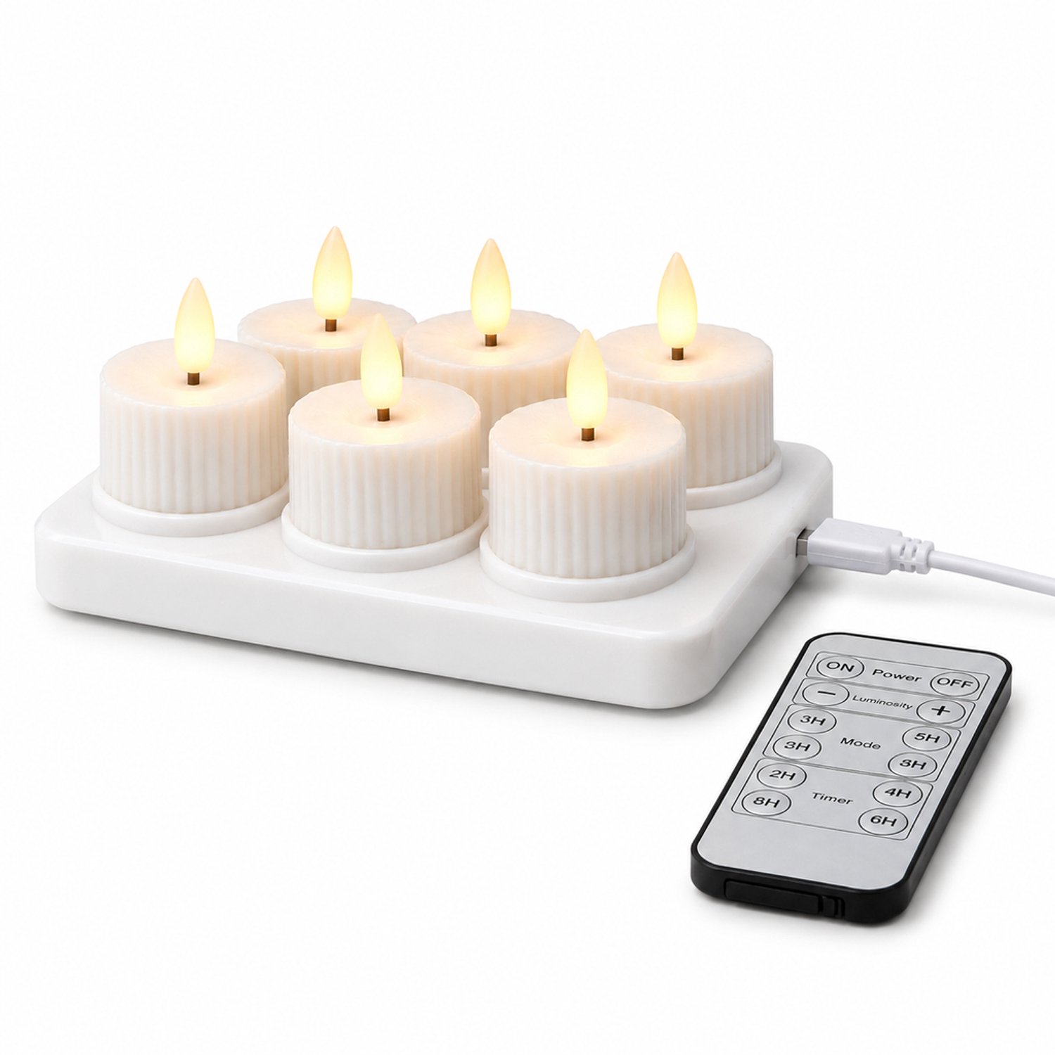 SWGOTA Elektrische kaarsen, 6 stuks, warmwit licht en vlamvorm, geribbelde behuizing, Type-C-laadbasis en afstandsbediening