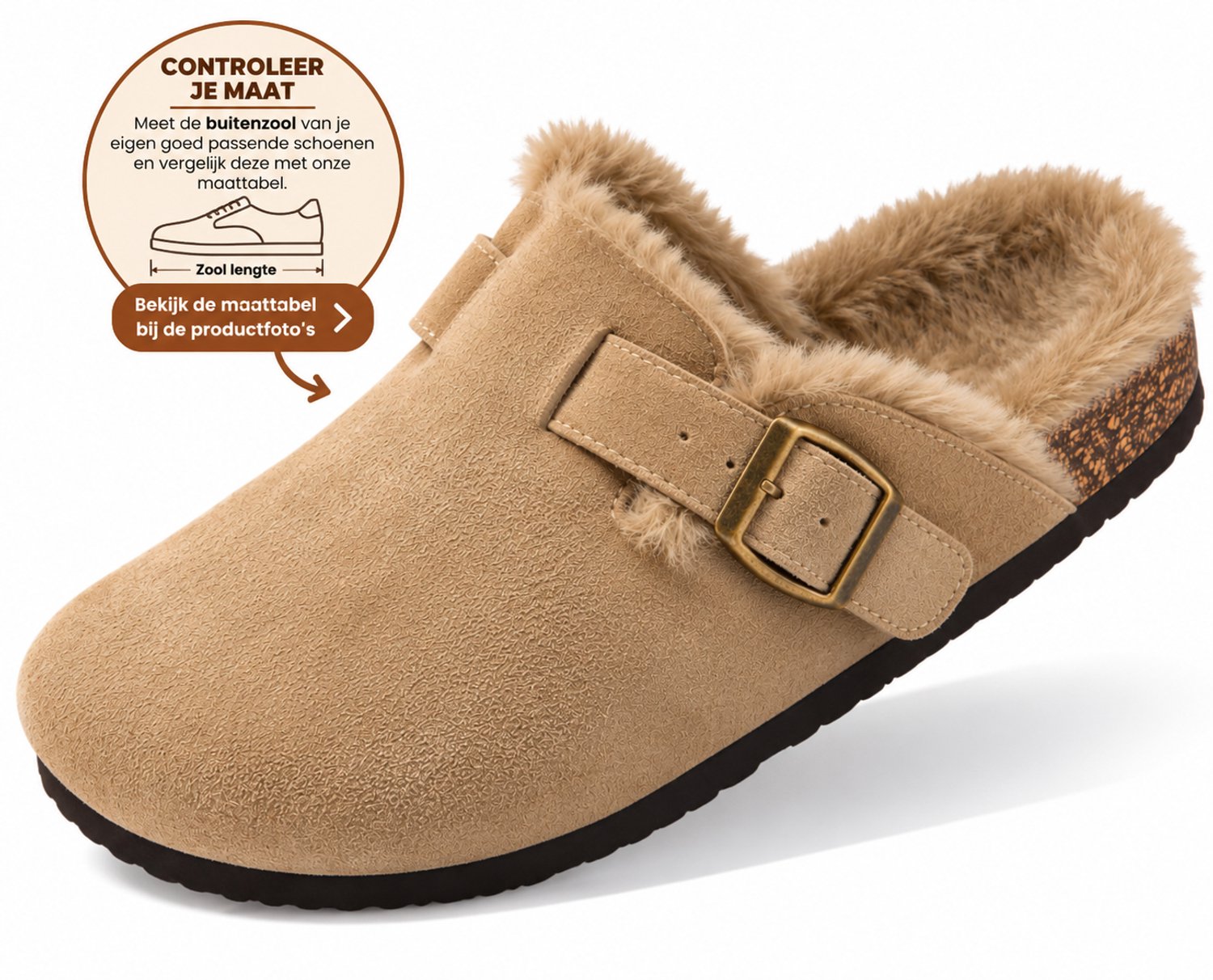Dames Clogs – Warme Gevoerde Clogs met Gesp – Pantoffels – Stevige Zool – Khaki - maat 40 - Voetlengte 28 cm