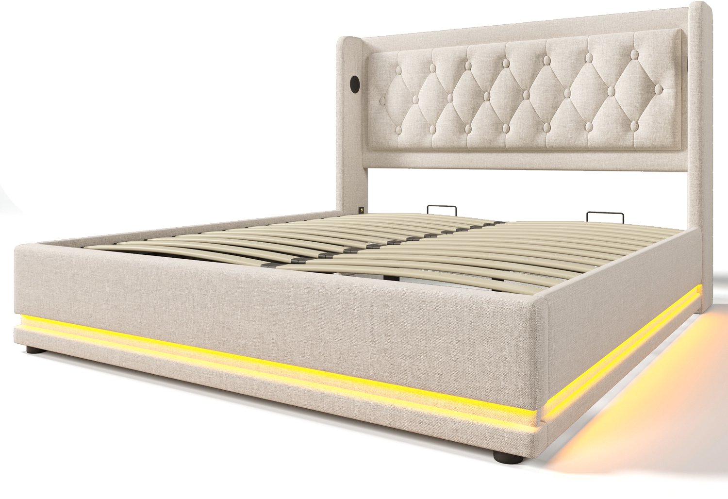 MUVANO Beige gestoffeerd opbergbed 180x200 - Tweepersoonsbed - Hydraulisch liftsysteem - Katoen - USB en USB-C - Driezijdige ledverlichting - Slaapkamer