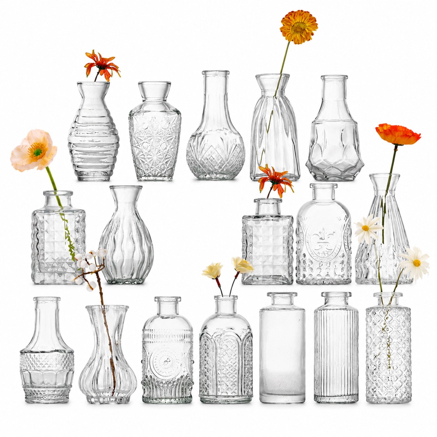 SWGOTA Set van 17 kleine transparante glazen vazen - Diverse vormen en reliëfpatronen - Voor kunstbloemen - In kartonnen doos