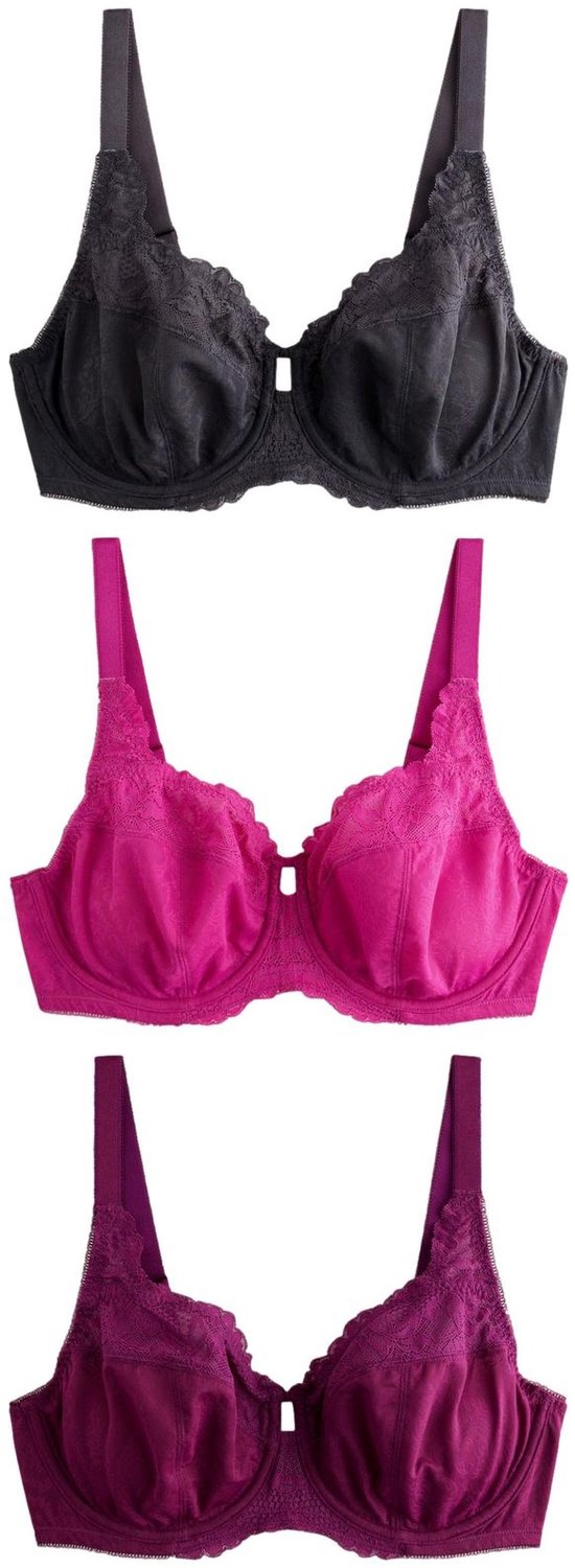 Next Dames - Set van 3 DD+ beha's met beugel, kanten rand en volledige cups zonder vulling - Roze Grey/Purple/Pink