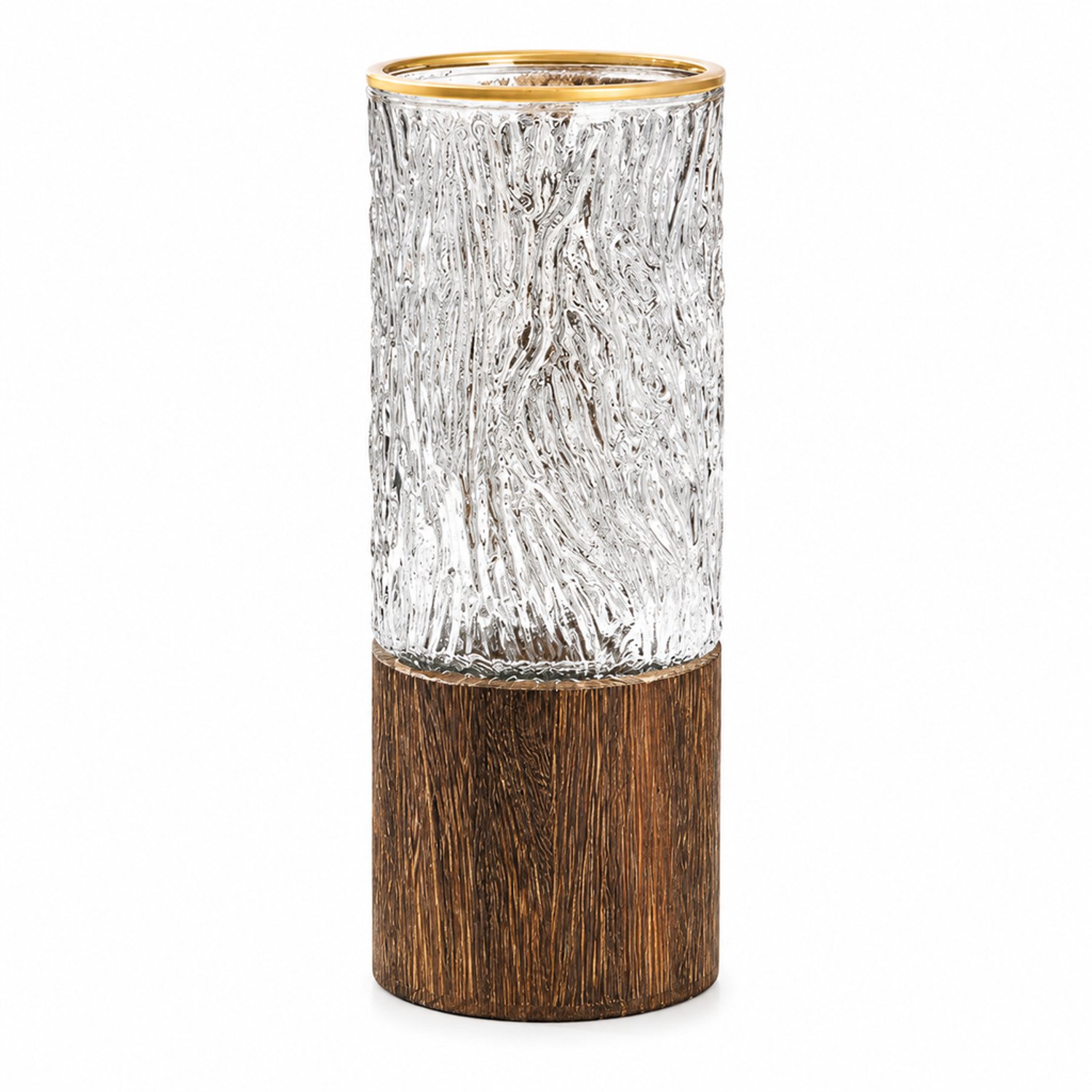 SWGOTA Transparante glazen vaas met ijsstructuur, houten voet en goudkleurige rand - 25 cm hoog, diameter 10 cm - voor verse bloemen