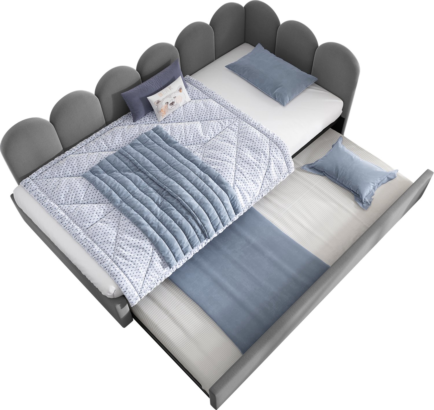 MUVANO Bedbank 90x200 cm met onderschuifbed 90x190 cm - Logeerbed met lattenbodem - Fluwelen L-vormig frame - Voor kinderkamer en logeerkamer - Grijs