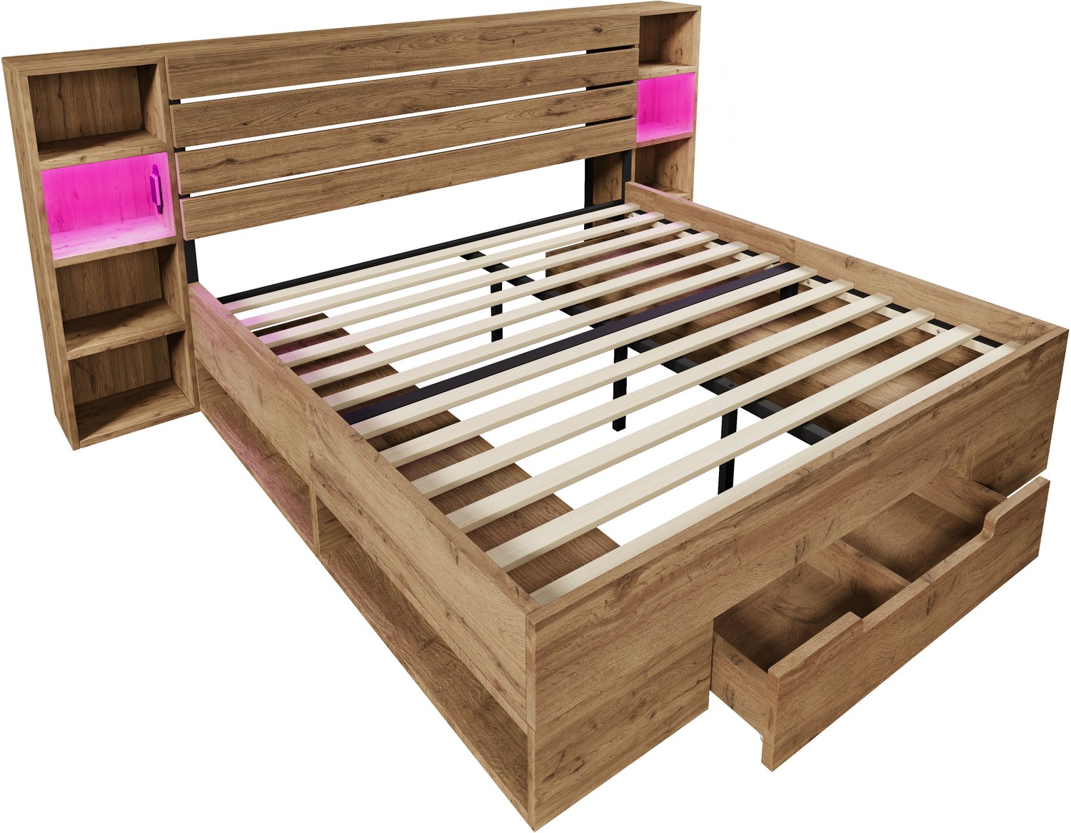 MUVANO Opbergbed 180x200 - tweepersoonsbed met twee lades - LED-hoofdbord met USB en USB-C - metalen frame en houten latten - eikenkleur