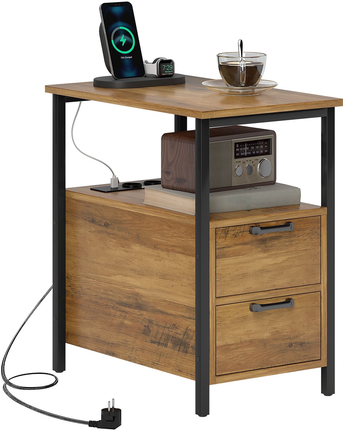 Lunpog Bijzettafel, nachtkastje, met 2 stopcontacten, USB-poort, type C, 2 laden en plank, 143 cm kabel, metalen frame, natuurlijk hout Bruin