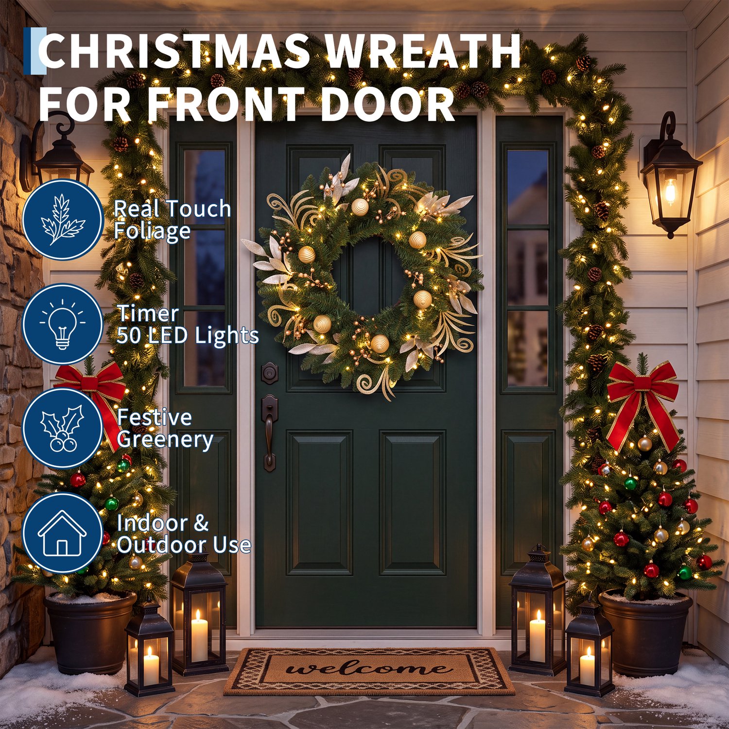Moderne Kerstkrans 60 cm – Met Gouden Bladeren, Diamantdecoratie & Glitterballen – 50 LED Lampjes – Realistische Dennennaalden – Voor Voordeur, Muur & Raam – Goud – foto 3