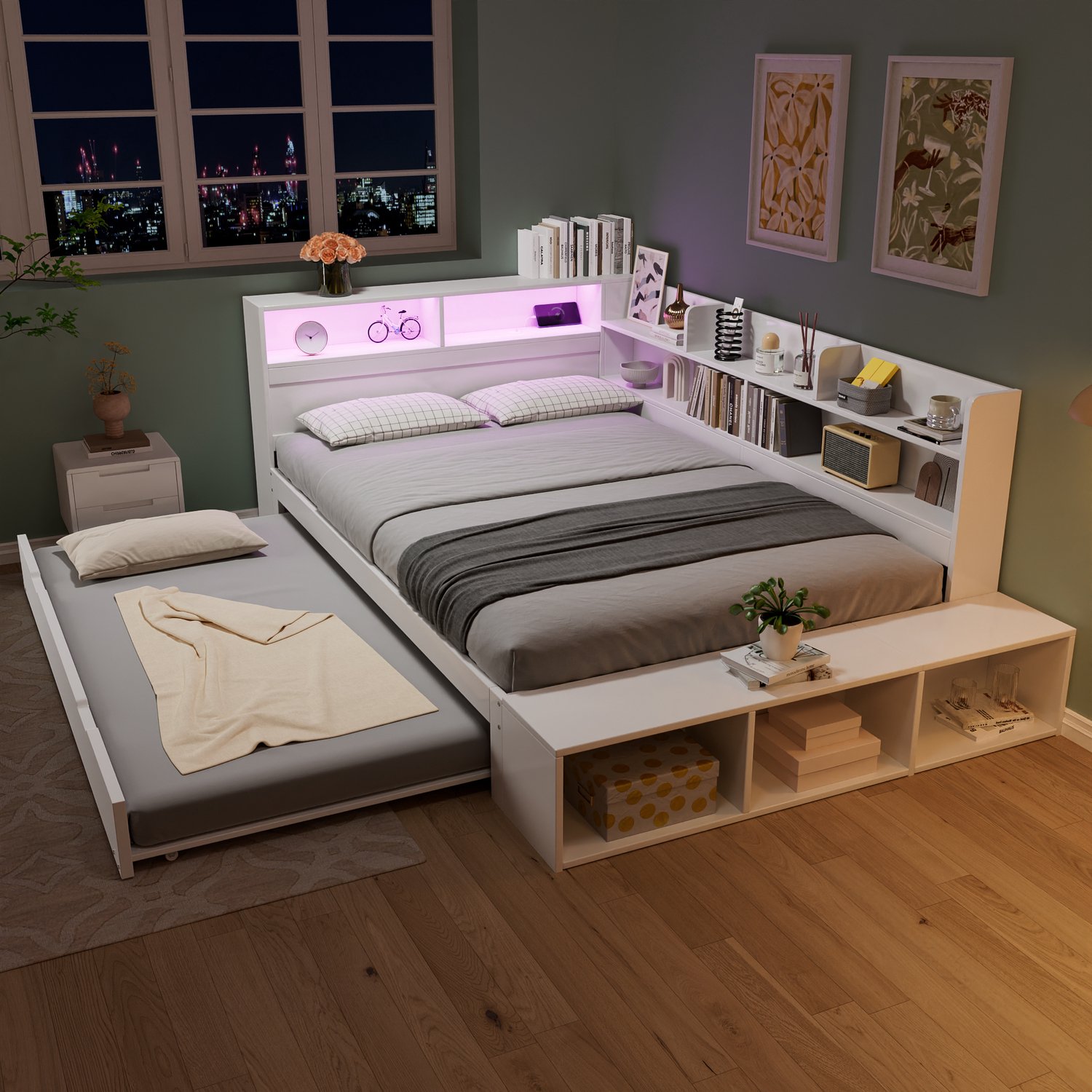 Clruro Gestoffeerde Bank - 120x200 cm - met Uitschuifbed - LED en Zitbank - Hout - Wit