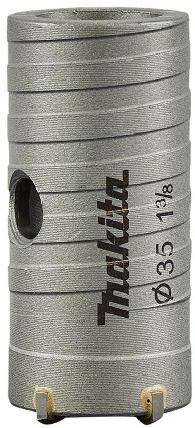 Grijze cilindrische Makita holboor met ribbelpatroon, 35 mm diameter, met zichtbare snijtanden onderaan.