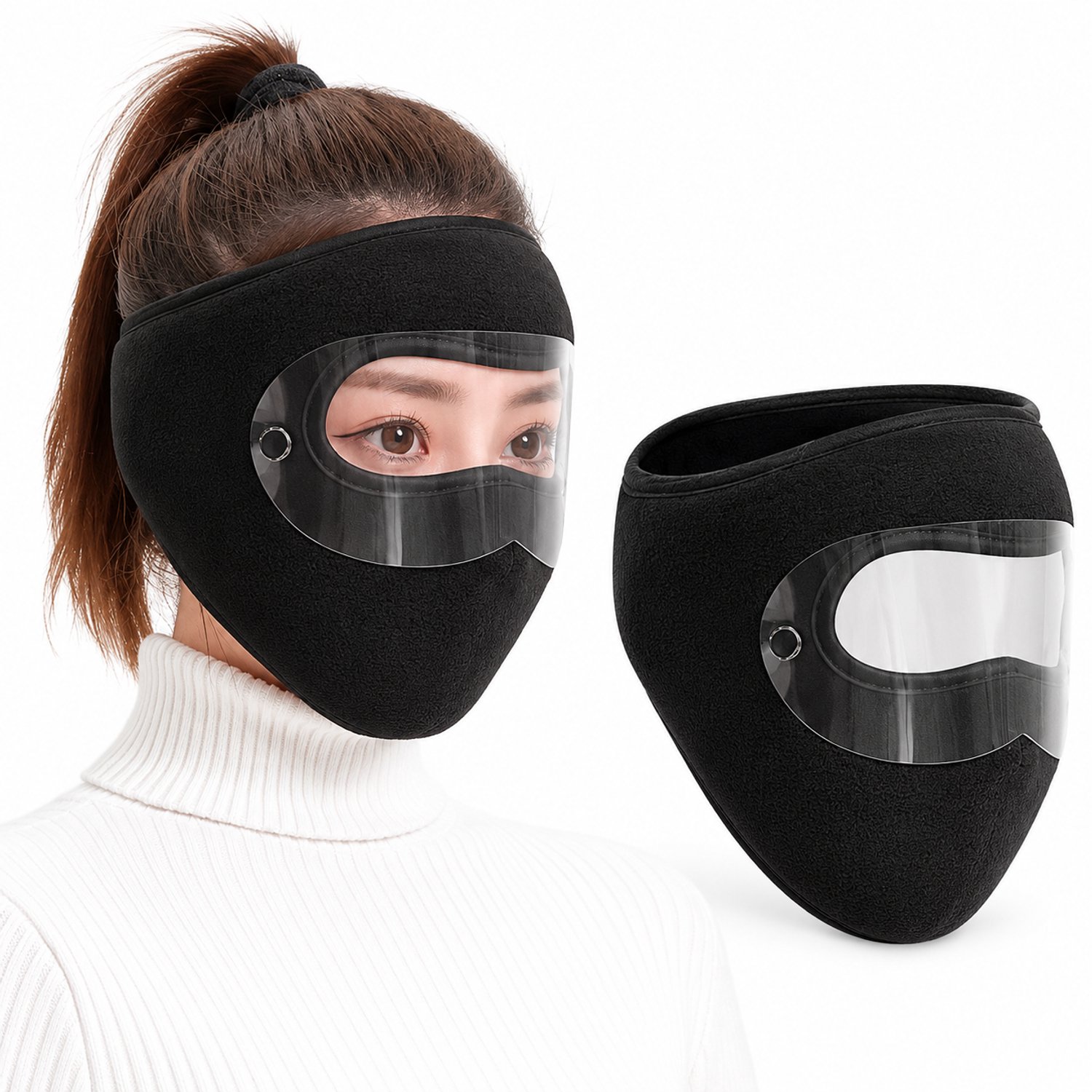 Namajunas 2-in-1 Gezichtsmasker met Afneembaar Oogvizier – Fleece Wintermasker met Ademopeningen – Unisex Zwart