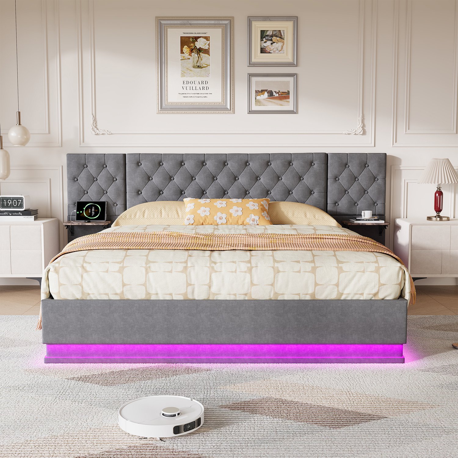 Yelenaro Gestoffeerd bed 140x200 met LED en USB, Hydraulisches Tweepersoons bed met Breed Hoofdeinde en Lattenbodem, Jeugdbed met 2 Opbergladen, Linnen Grijs