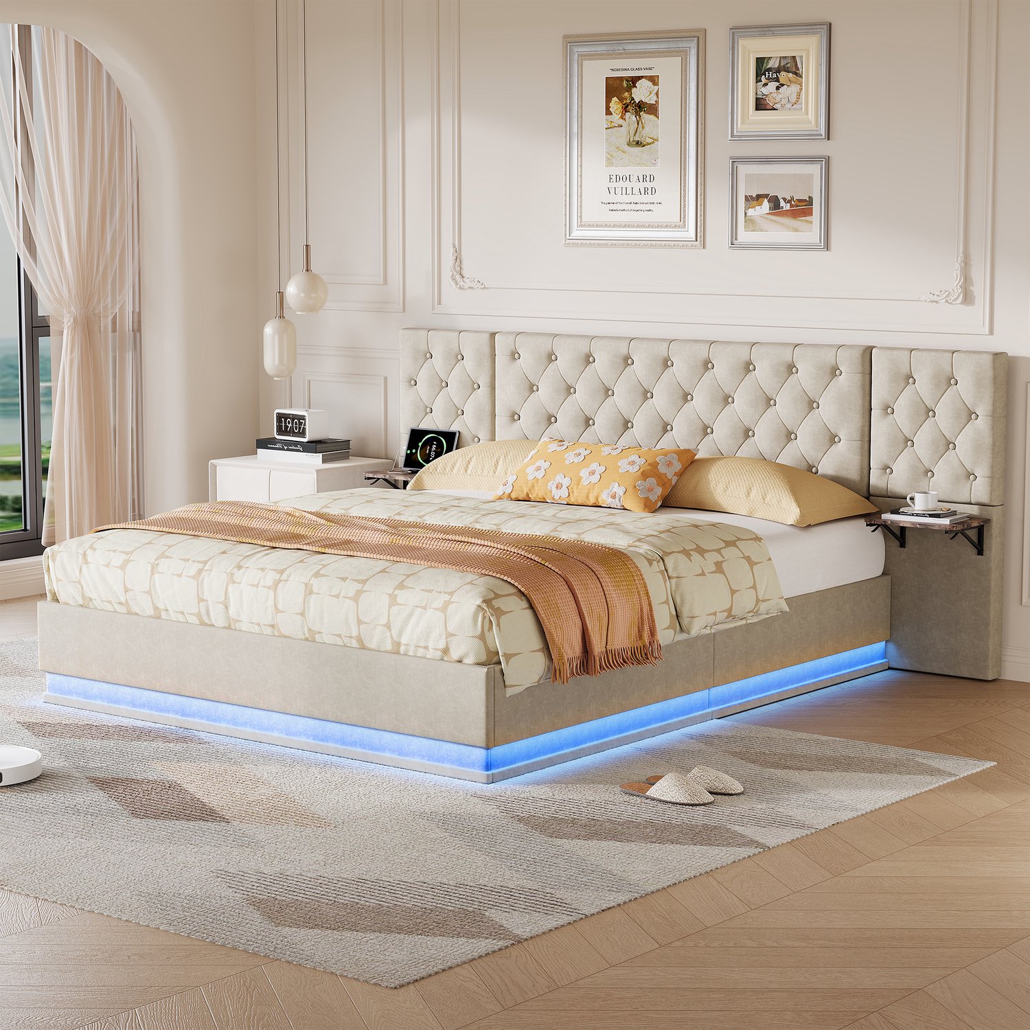 Yelenaro Gestoffeerd bed 160x200 met LED en USB, Hydraulisches Tweepersoons bed met Breed Hoofdeinde en Lattenbodem, Jeugdbed met 2 Opbergladen, Linnen Beige