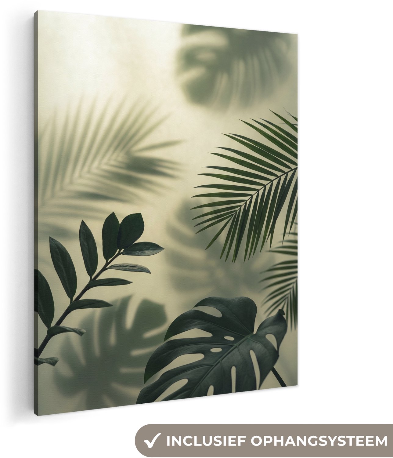 Canvas schilderij 120x160 cm - Exclusieve wanddecoratie Planten - Bladeren - Schaduwen - Groen - Modern - Muurdecoratie woonkamer - Slaapkamer decoratie - Kamer accessoires - Schilderijen op canvas groot XXL