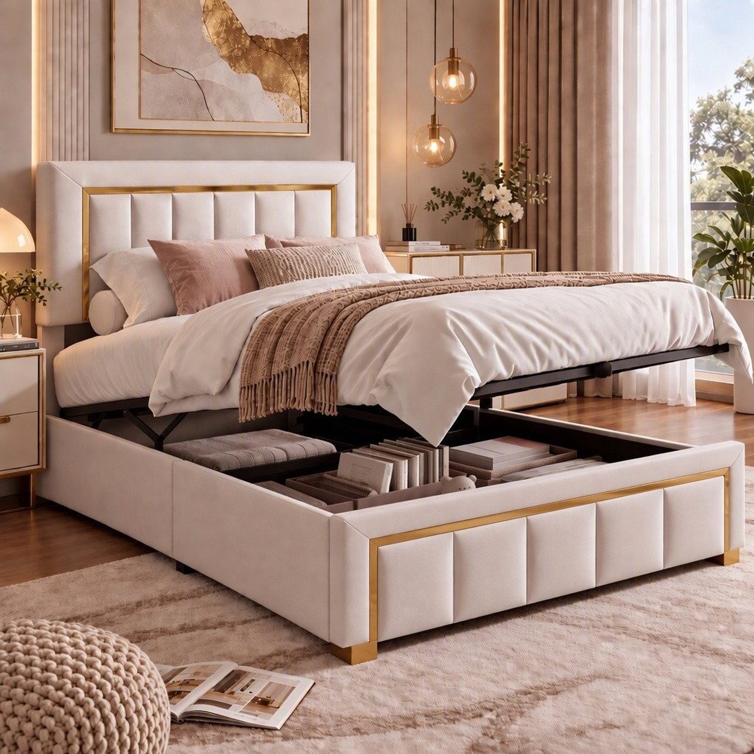 Mofor Gestoffeerd opbergbed 90x200 cm met hydraulische opbergruimte en lattenbodem - eenpersoonsbed met fluwelen bekleding - beige
