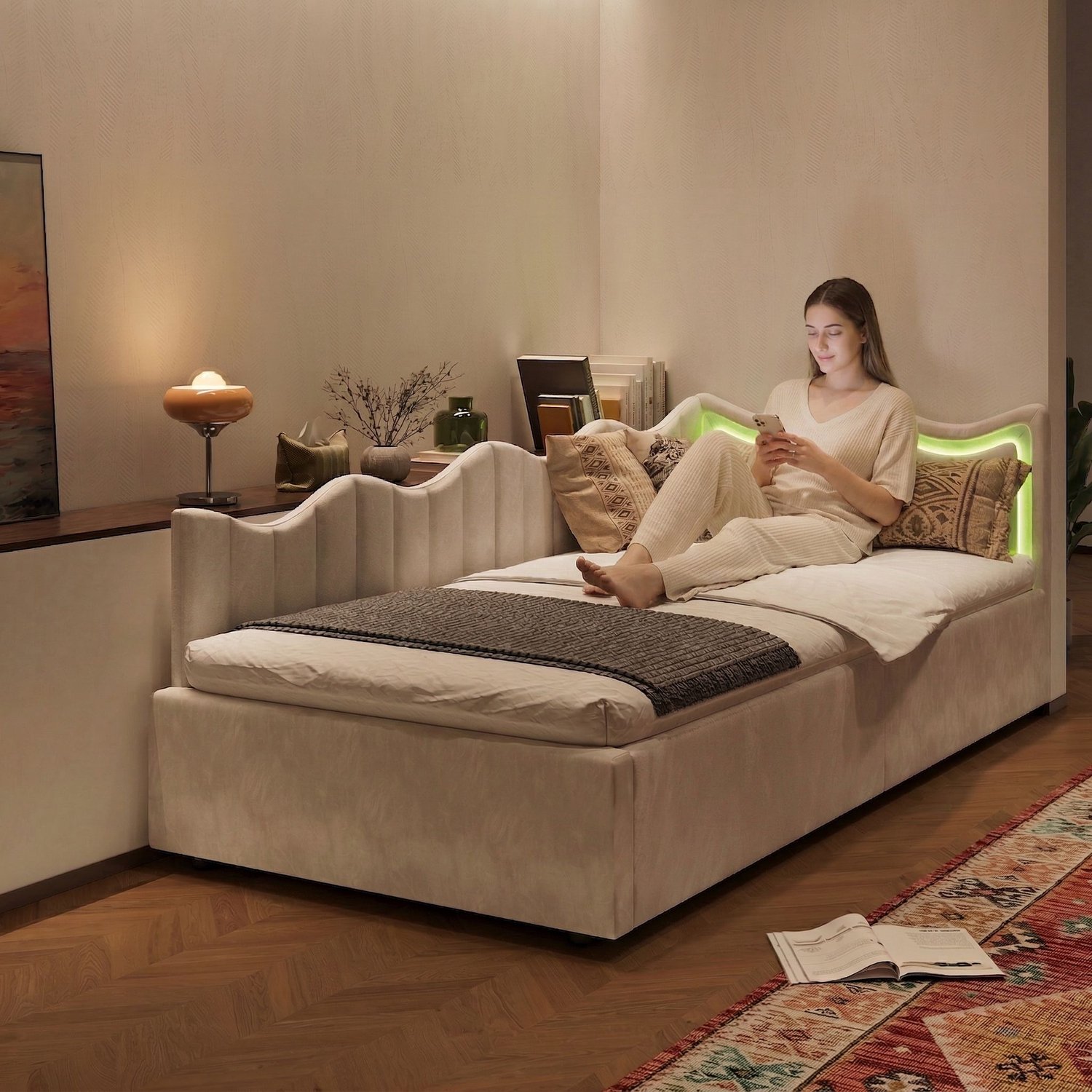 Mofor Gestoffeerd opbergbed 90x200 cm - eenpersoonsbed met LED-verlichting en opbergruimte - fluwelen bekleding - beige