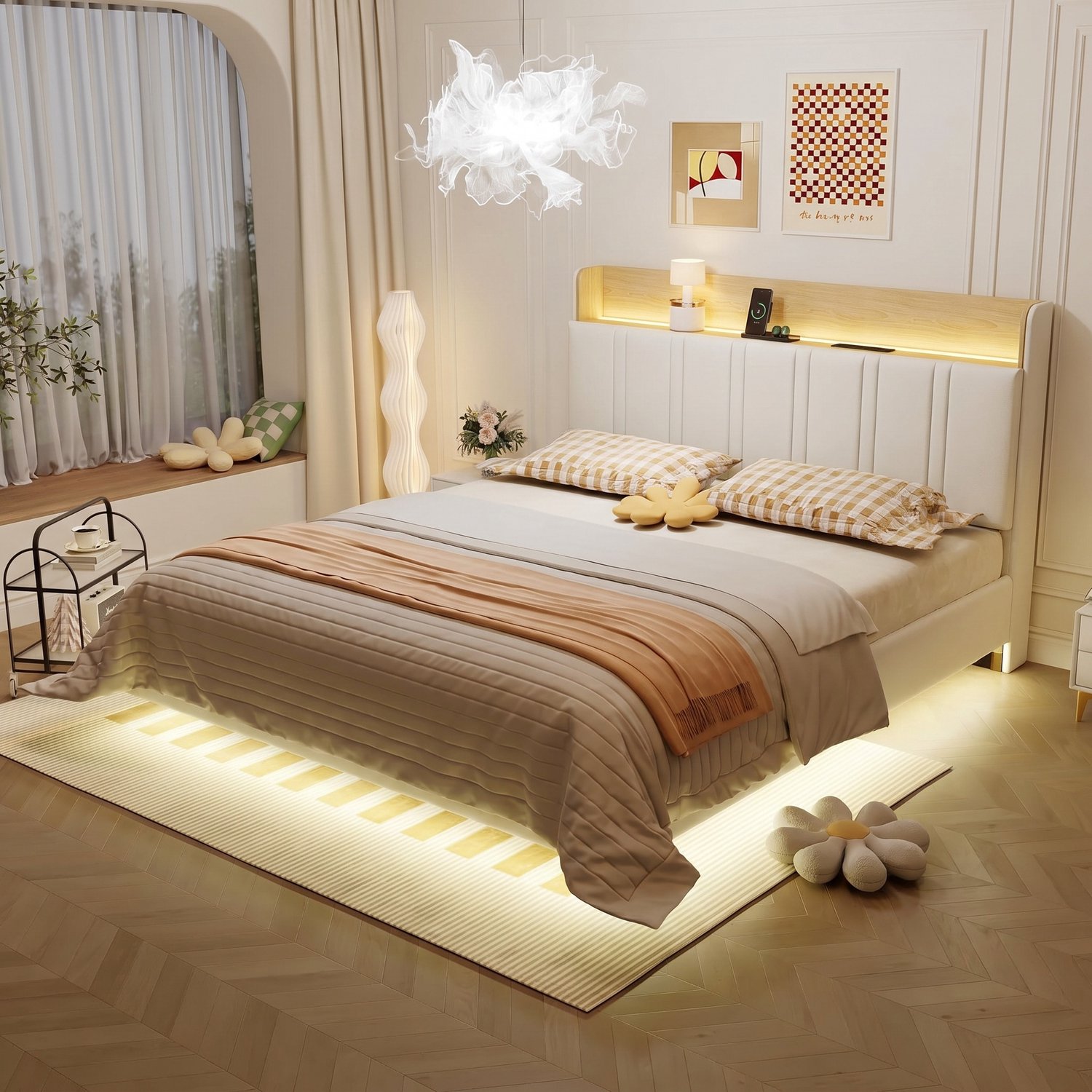 Mofor Zwevend tweepersoonsbed 140x200 cm met LED-verlichting en oplaadstation - kunstleren bedframe met gewatteerd hoofdbord - wit - modern design