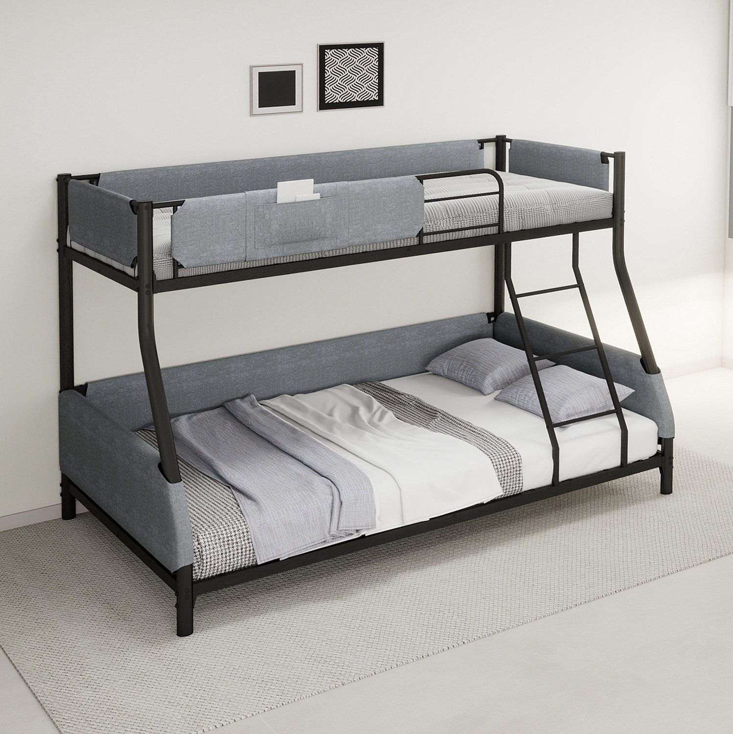 MODFU Metalen Stapelbed - Met Ladder En Afneembaar Opbergzakje - Zwart En Grijs - 197 X 147,2 X 139 Cm