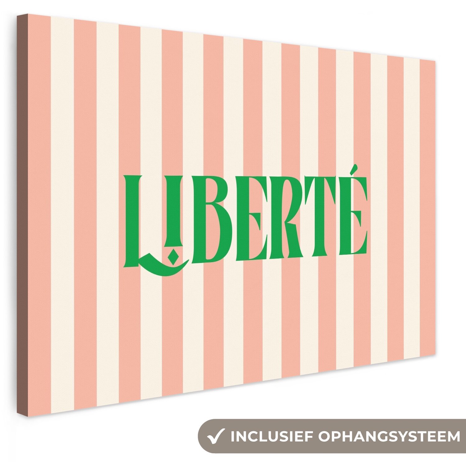 Canvas schilderij 140x90 cm - Exclusieve wanddecoratie Zachtroze - Groen - Strepen - Liberté - Muurdecoratie woonkamer - Slaapkamer decoratie - Kamer accessoires - Schilderijen op canvas groot XXL