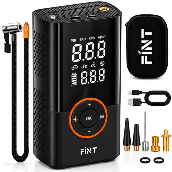 Set van FÍNT V2 elektrische fietspomp, opbergtas, luchtslang, USB-C kabel en diverse opzetstukken.