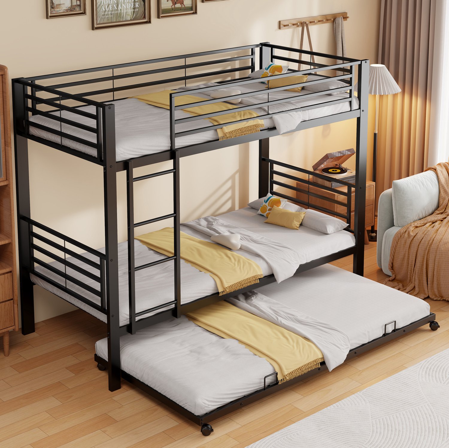 MODFU Stapelbed Met Uitschuifbed - 3 Slaapplaatsen - Metaal - Zwart - 90 X 200 Cm