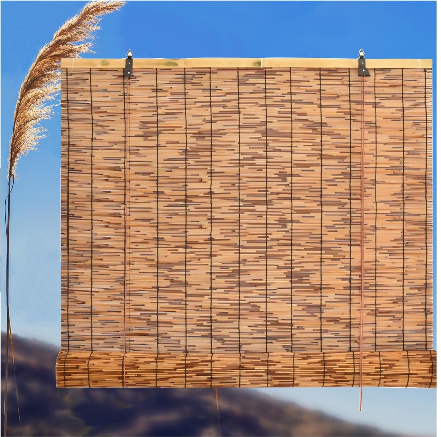 Famanu Rieten privacy gordijn voor zonwering en lichtfiltering, van natuurlijk riet, 1 stuk, afmeting 140 x 170 cm, voor balkon of als inkijkbescherming wit