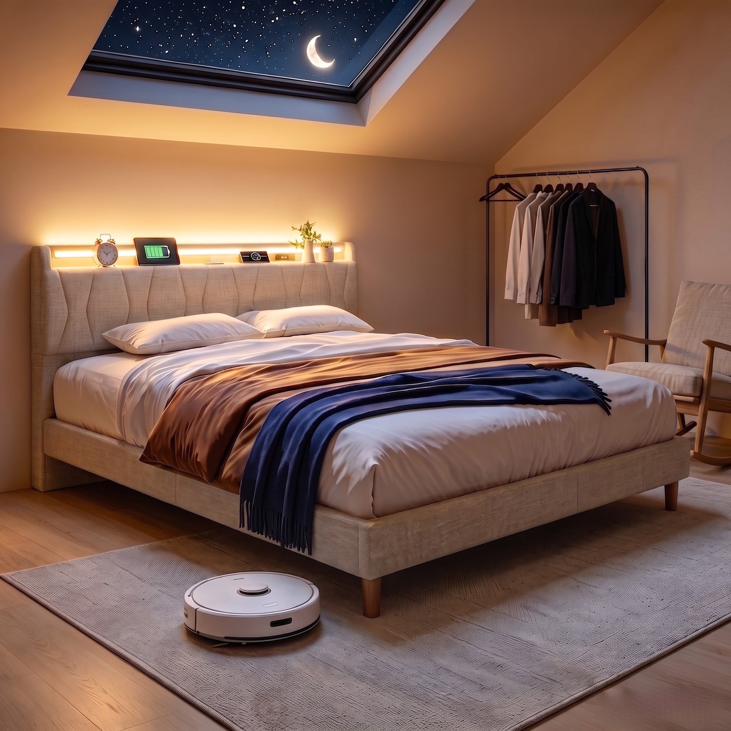 Mofor Gestoffeerd Tweepersoonsbed 160x200 cm met RGB LED-verlichting en USB/Type-C - Hoofdbord met Opbergruimte - Linnen - Beige