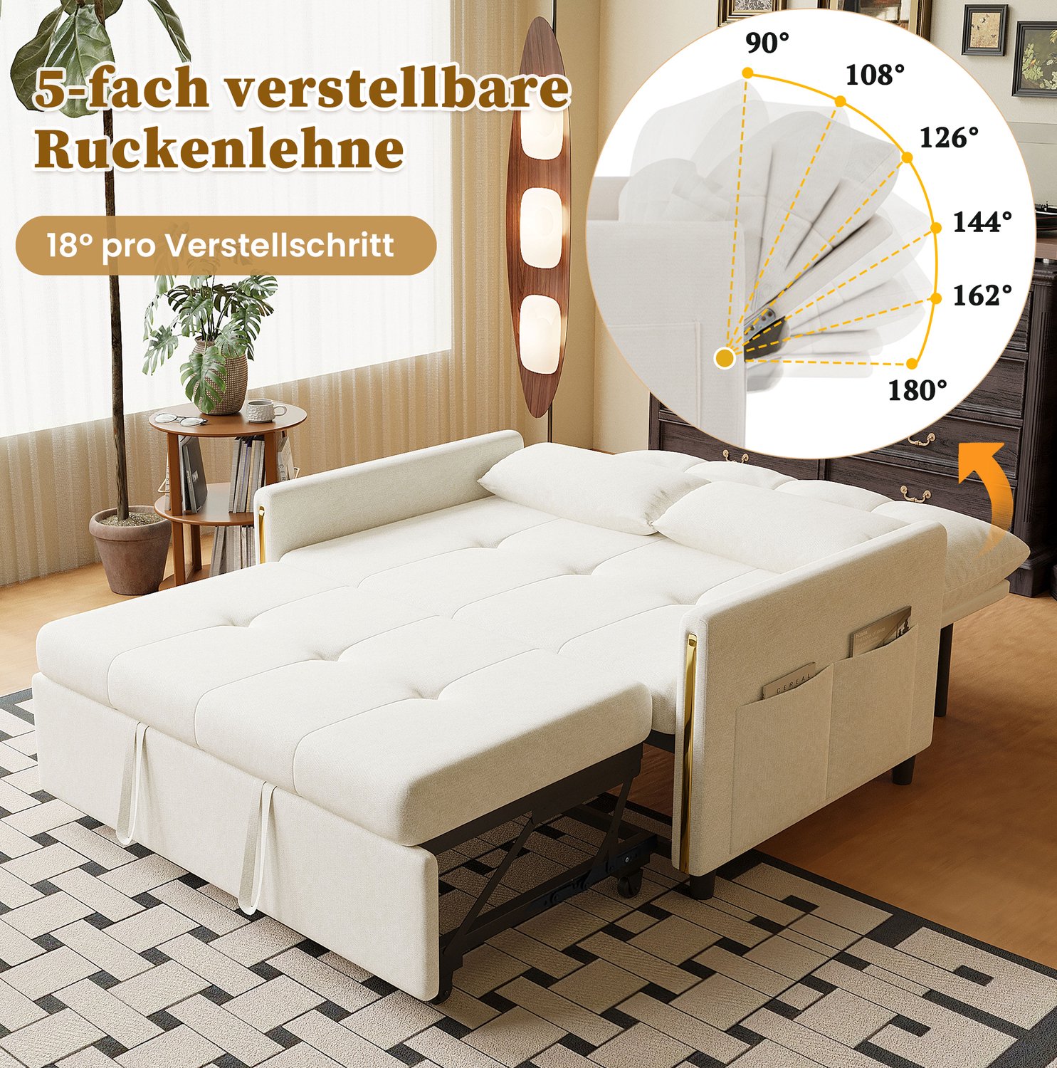 STILVORA Slaapbank 125 x 83 x 93 cm - 2-Zits met Uittrekbed en Verstelbare Rugleuning - Voor Woonkamer en Logeerkamer - Chenille - Lichtbeige