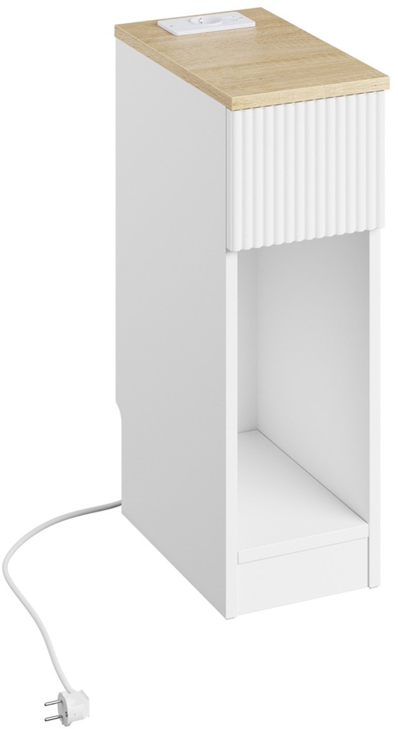 SoBuy Nachttafel met Oplaadstation - Wit Licht Eiken Nachttafeltje met 1 Lade en 1 Vak - Ribbelafwerking en Ingebouwde Stopcontacten - Modern Slaapkamermeubel | FBT111-II-E-WN