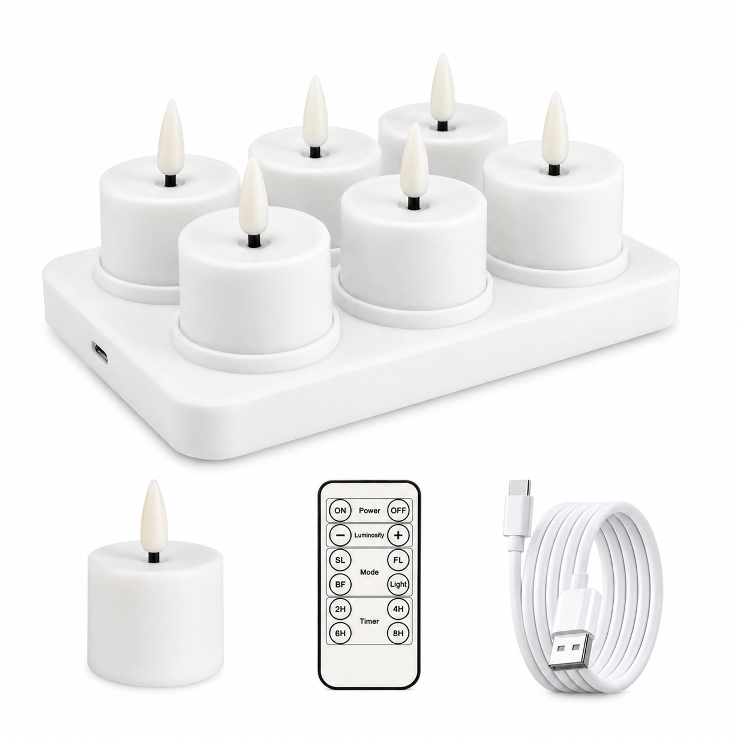 SWGOTA led kaarsen, set van 6 - glad wit, warm licht, Type-C-oplaadbasis met 6 plaatsen, afstandsbediening en laadkabel