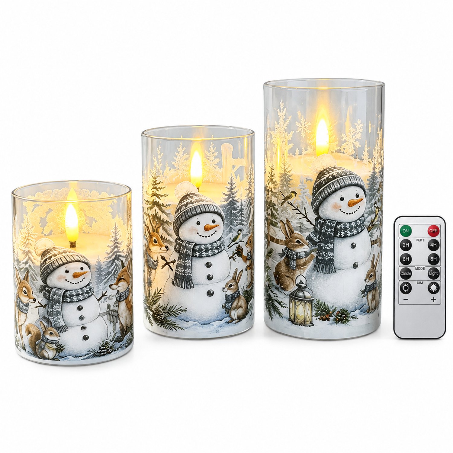 SWGOTA led kaarsen, set van 3 met sneeuwpopprint en afstandsbediening, warm licht en vlamvorm, exclusief batterijen Bruin