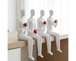 Set van 4 abstracte denkerbeelden - Wit met rood hart - Hars