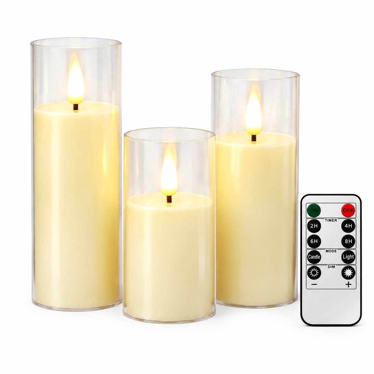 SWGOTA led kaarsen, set van 3 met afstandsbediening, ivoorkleurige kaarslichamen en transparante cilinderkappen, vlamvormige LED voor feestdecoratie