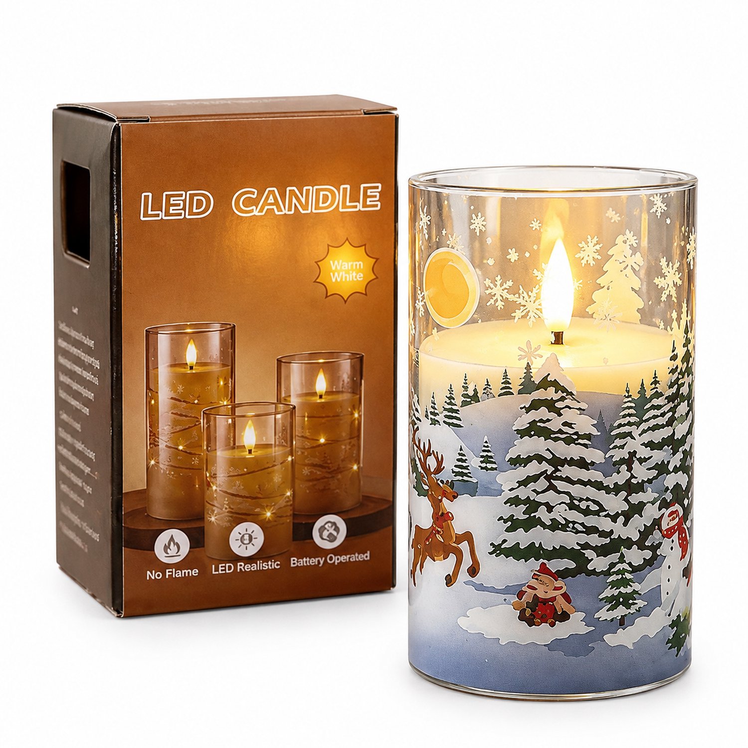 SWGOTA led kaarsen - kerstkaars met sneeuwdecor, 7,5 x 12,5 cm, warm licht, kunststof cilindervorm, op batterijen, batterijen niet inbegrepen Meerkleurig