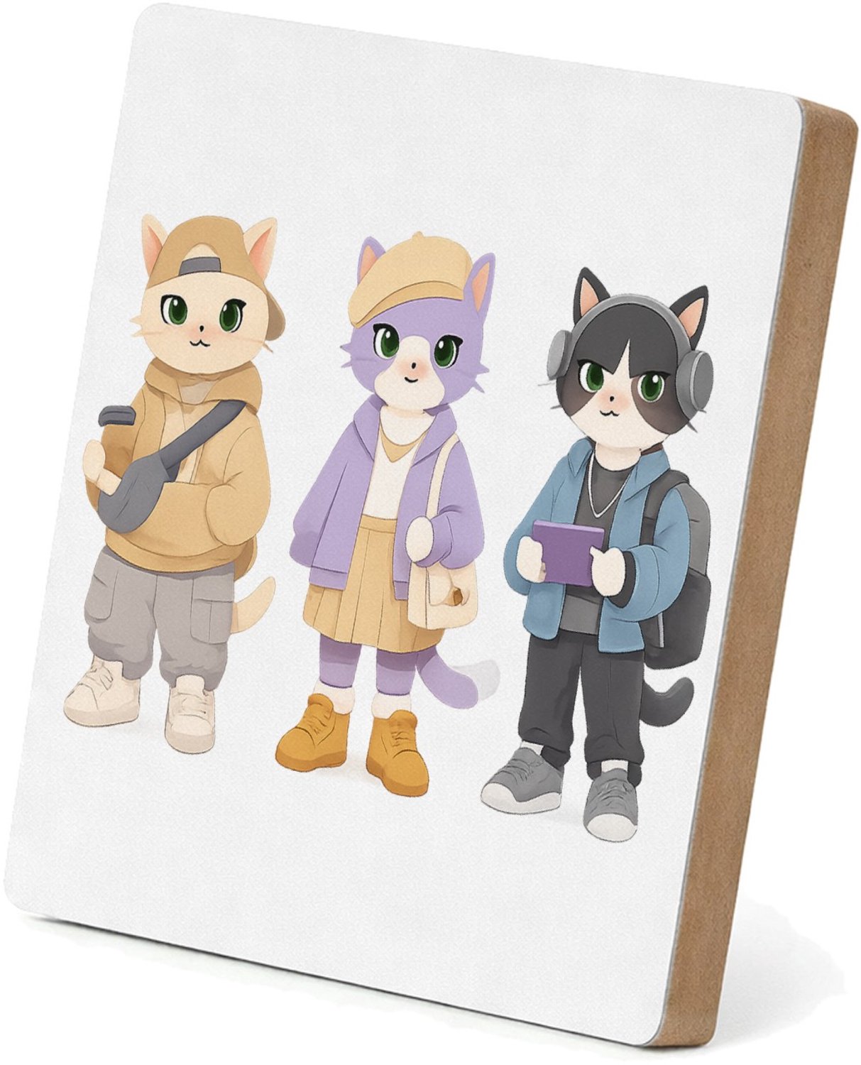 Mr Cadeautjes MDF staande fotolijst 15,2 x 15,2 - design Drie modieuze katten in pastel-outfits, elk met een andere h | cadeau Wit