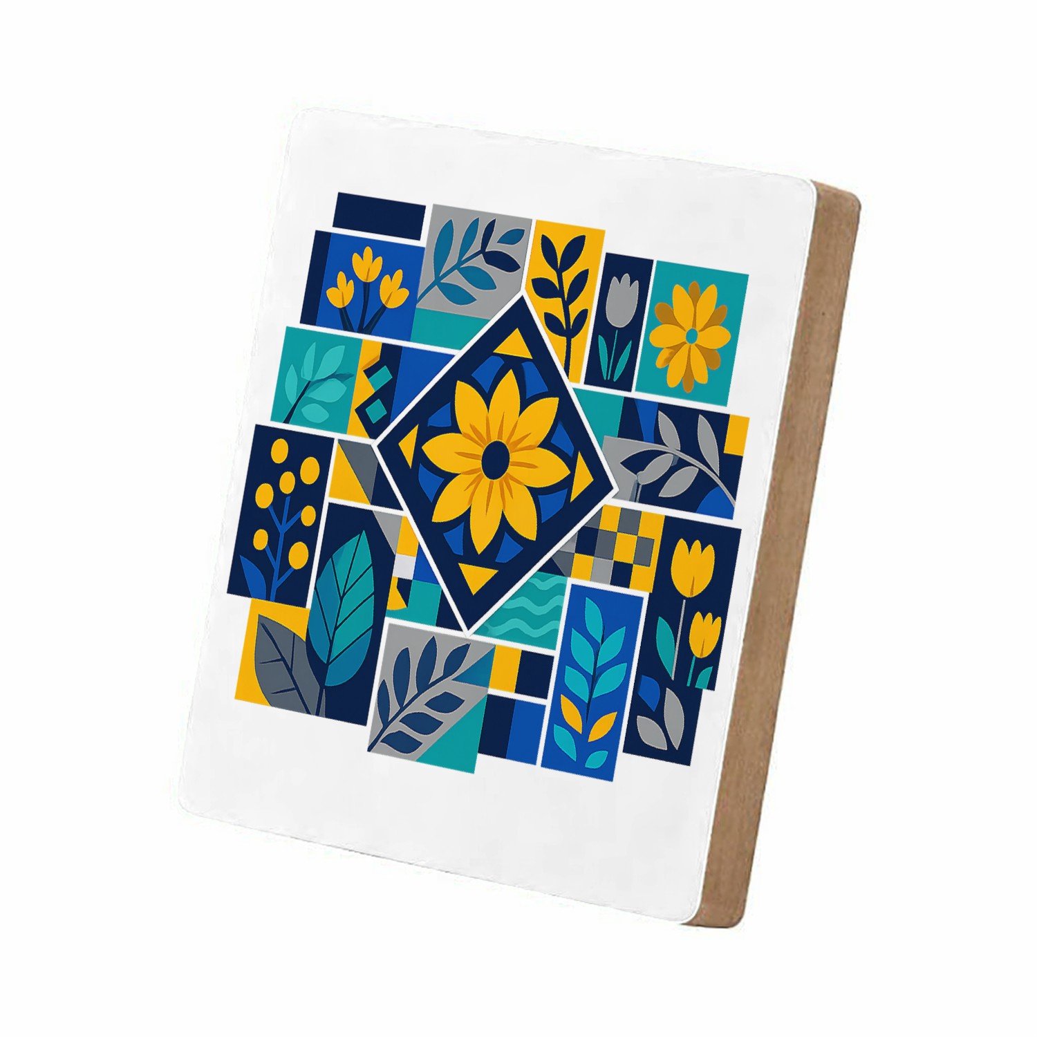 Mr Cadeautjes MDF staande fotolijst 15,2 x 15,2 - design Een levendig mozaïek van botanische blokken met bladeren, bl | cadeau Wit