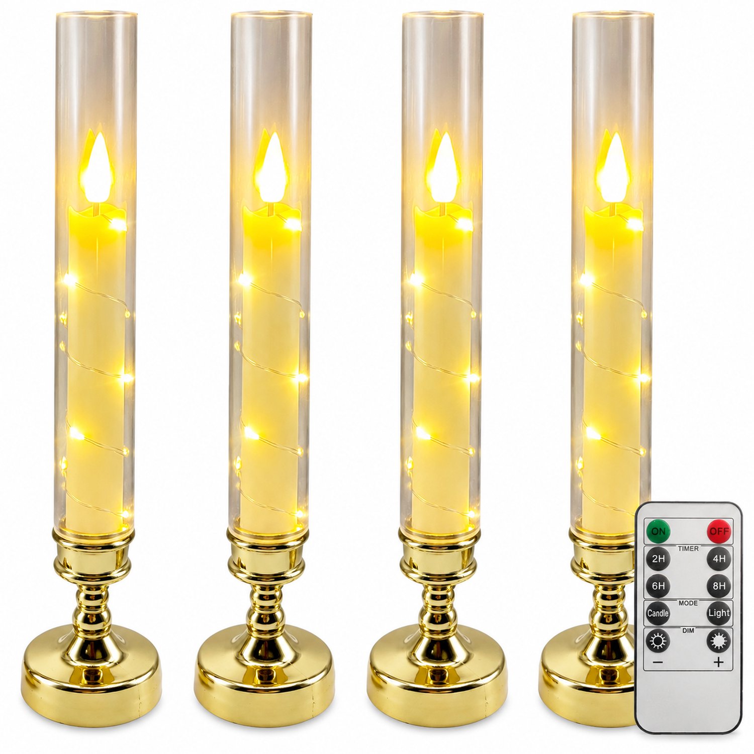 SWGOTA led kaarsen, set van 4 met warmwitte draadverlichting, transparante buizen en goudkleurige kandelaars, inclusief afstandsbediening met 10 knoppen