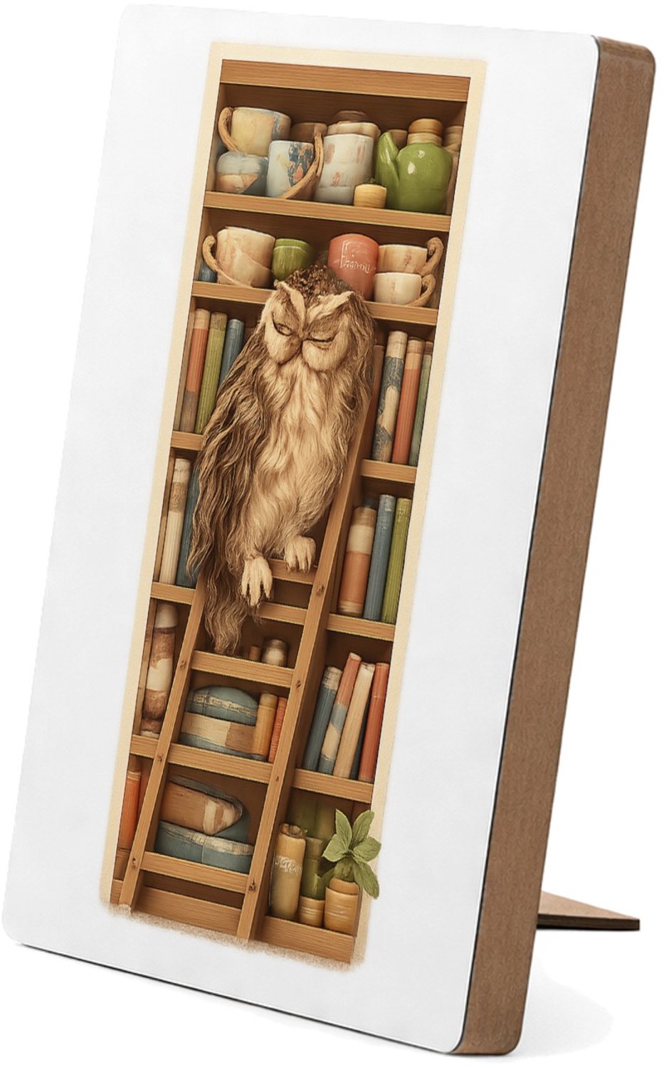 Mr Cadeautjes Glasframe/MDF 12,7 x 17,8 - design Een slaperige uil op een ladder naast een hoge plank met the | cadeau Wit