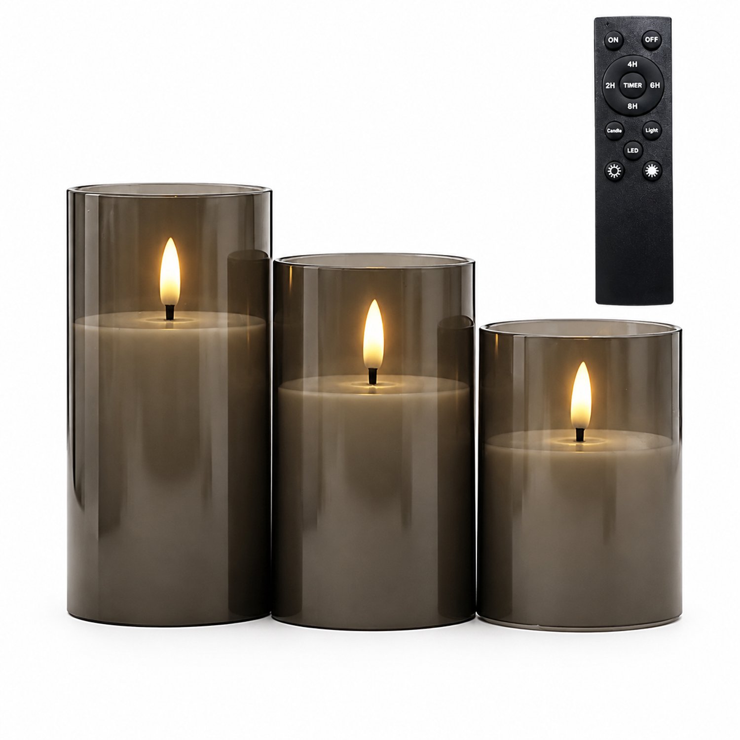 SWGOTA led kaarsen, grijze set van 3 met grote afstandsbediening, warme vlamvormige verlichting, cilindervormig voor kerst- en bruiloftdecoratie Grijs