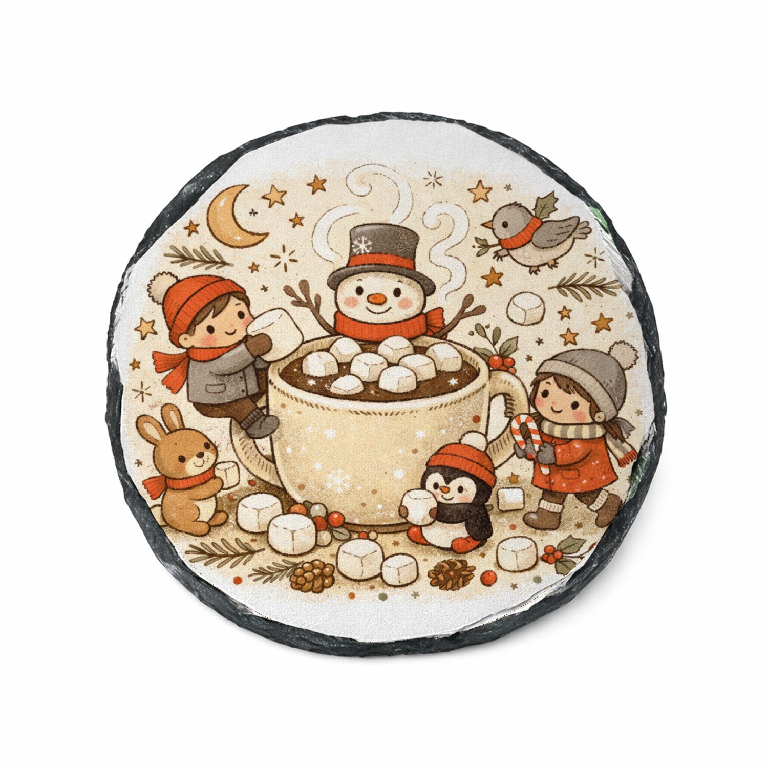 Mr Cadeautjes Leisteen rond Ø 14 - design Een knusse winterkeuken-scène met bewegende figuren rond een | cadeau Wit