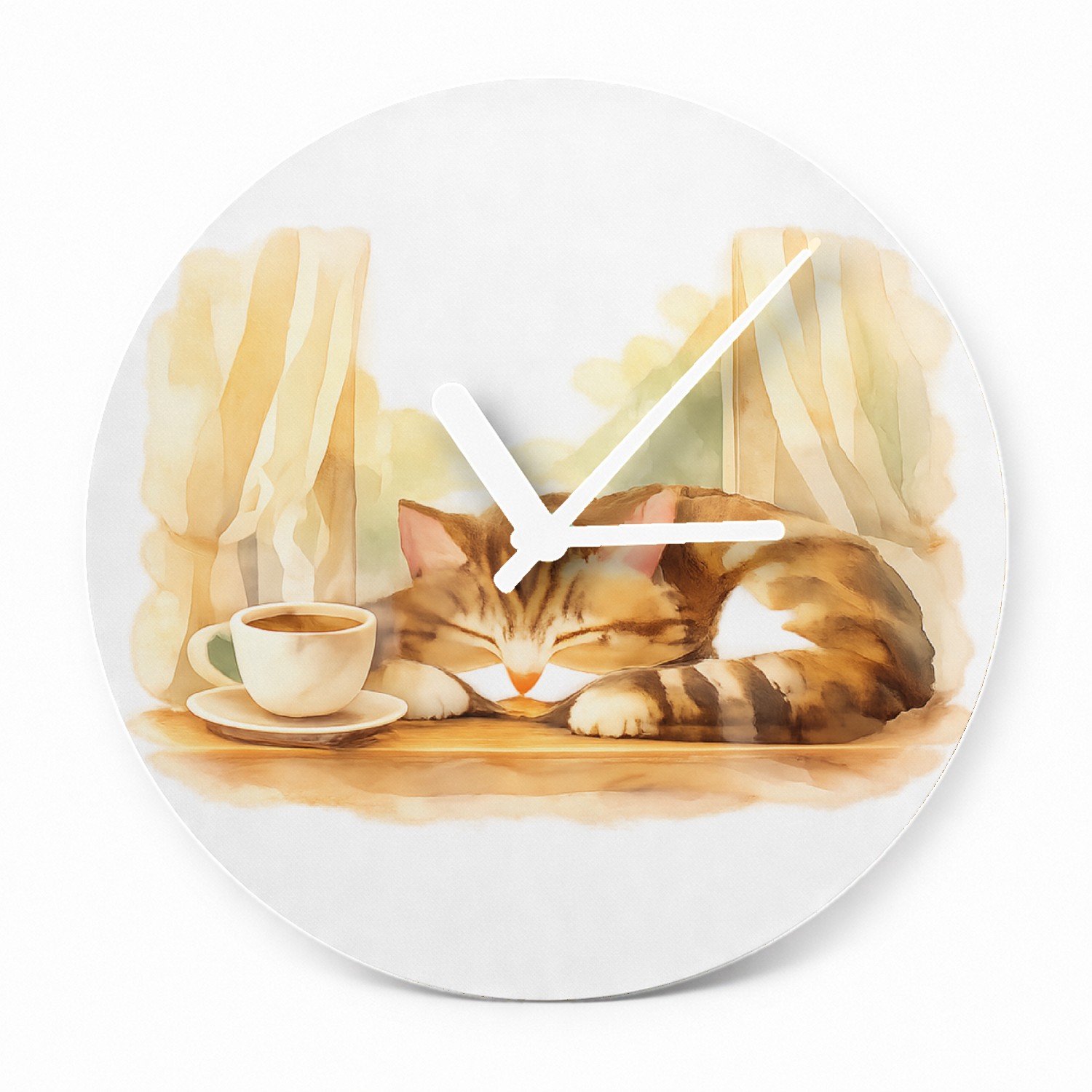 Mr Cadeautjes Glazen klok Ø 20 - design Een slapende kat op een vensterbank met een kopje thee en za | cadeau Wit