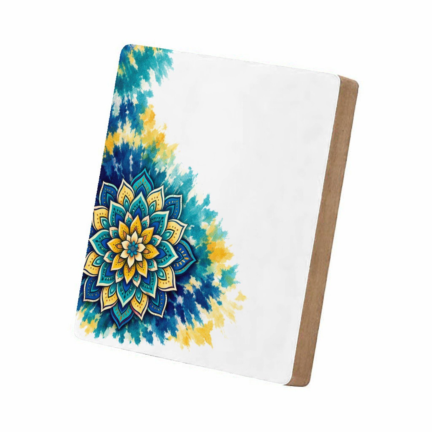Mr Cadeautjes MDF staande fotolijst 15,2 x 15,2 - design Een grote, centrale zonnebloemmandala op een zachte aquarelw | cadeau Wit