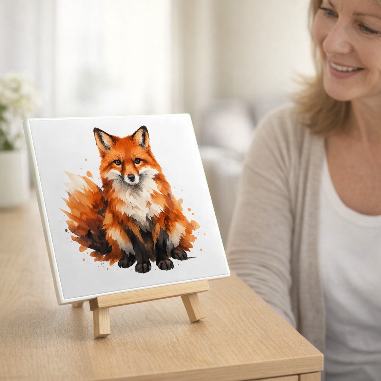 Mr Cadeautjes Fototegel Een groot, sfeervol bosdier met verfspatten en veel witruimt - 15 x 15 cm, keramiek - keuken, badkamer, decoratie | cadeau