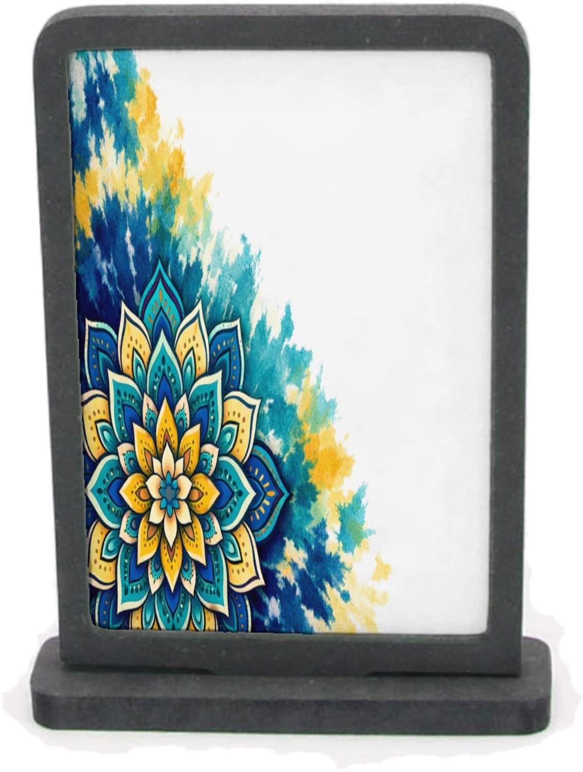 Mr Cadeautjes Houten fotolijst rechthoek met MDF inleg - design Een grote, centrale zonnebloemmandala op een zachte aquarelw | cadeau Wit