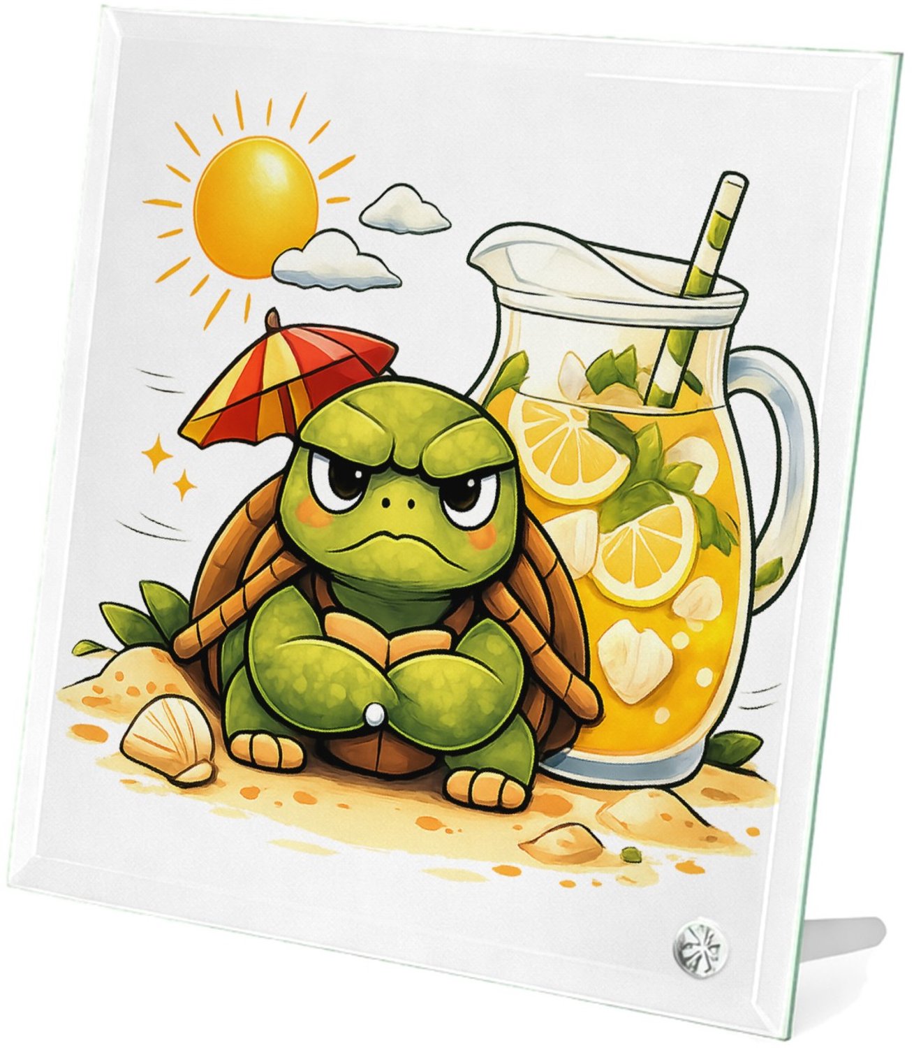 Mr Cadeautjes Glasframe 20 x 20 - design Een norse schildpad met een mini-parasol en een tropische li | cadeau Wit