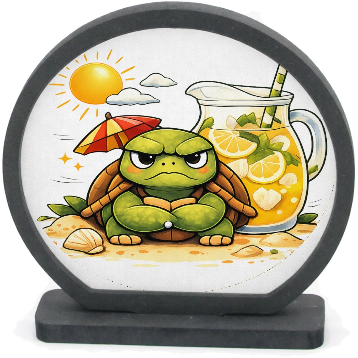 Mr Cadeautjes Houten fotolijst rond met MDF inleg - design Een norse schildpad met een mini-parasol en een tropische li | cadeau Wit