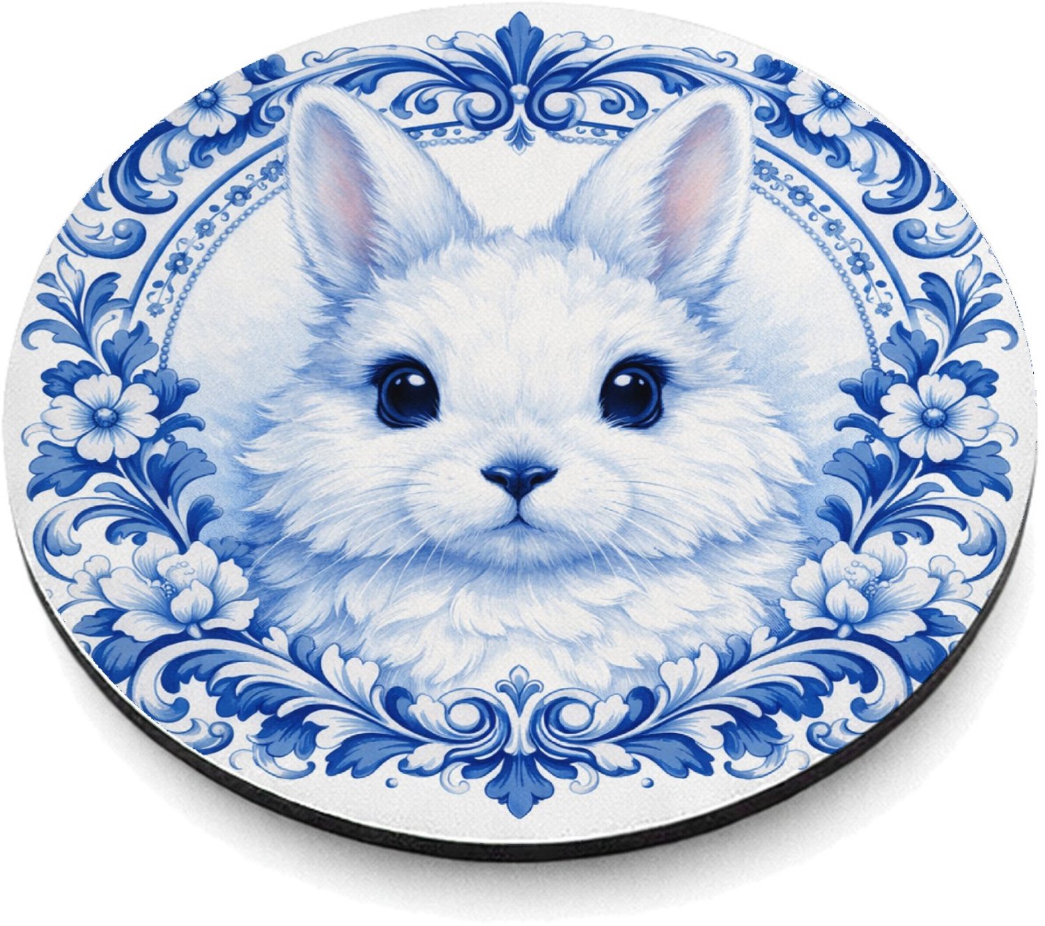Mr Cadeautjes MDF magnetische fotolijst rond Ø 9,5 - design Een speels konijnportret met een klassieke krans van vintage | cadeau Wit