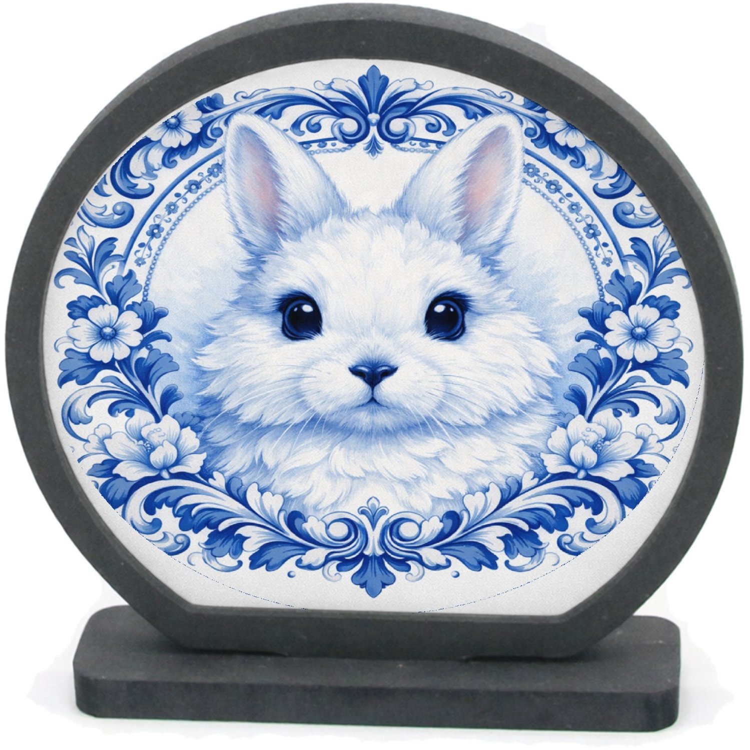 Mr Cadeautjes Houten fotolijst rond met MDF inleg - design Een speels konijnportret met een klassieke krans van vintage | cadeau Wit