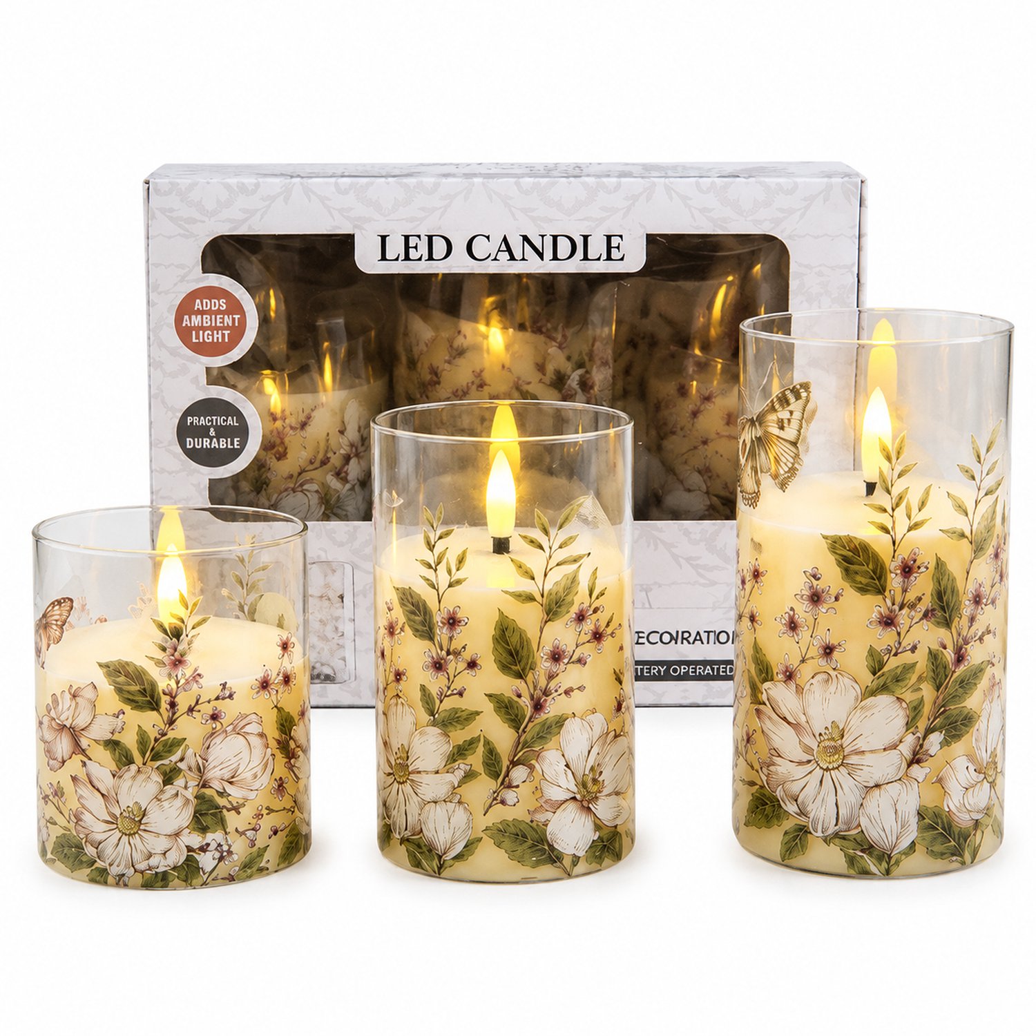 SWGOTA led kaarsen, set van 3 met bloemenmotief, warm licht en vlameffect, voor binnen, op batterijen, exclusief batterijen Bruin