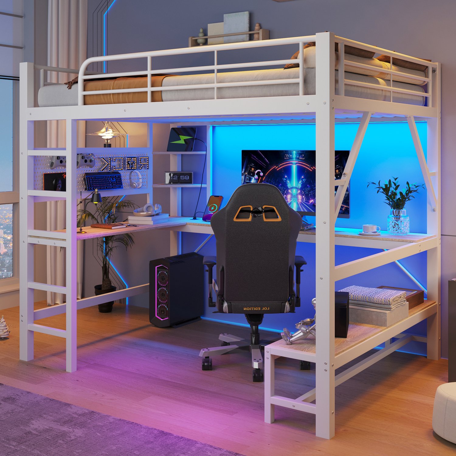 Zubaliya Hoogslaper 160 x 200 cm, ijzeren frame, bureau, leuning, ladder, meerdere schappen, met usb+type-c stopcontact, met LED-strip, met plank met gaten, zonder matras, wit